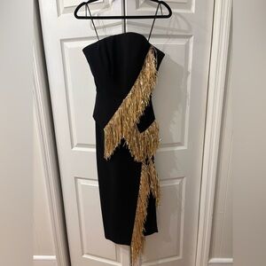Jason Wu Black Strapless Dress with Gold Fringe Accents